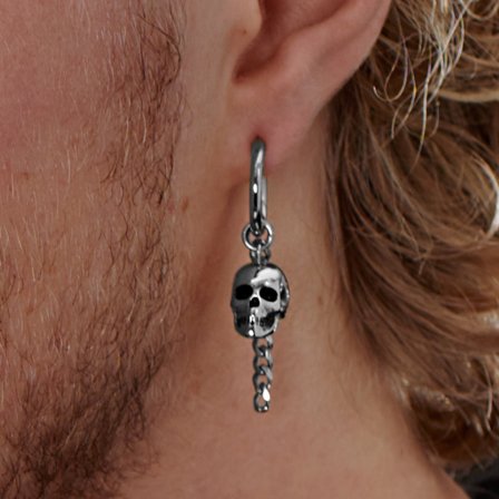 Pendiente de aro de acero plateado con colgantes de calavera y cadena para hombres - Pendientes de aro con colgante