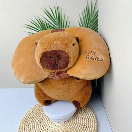 Søt Capybar U-formet nakkepute - Myk polyesterplysj med lysebrun og hvit Capybar-ansikt og uttrykksfulle øyne, komfortabel støtte for reise