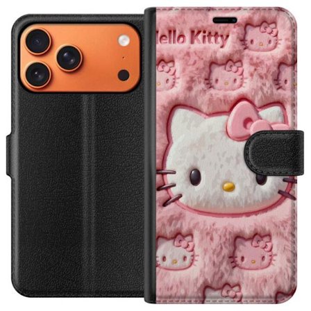 Kompatibelt Lommeboketui til Apple iPhone 17 Pro Max Hello Kitty rosa fluffy bakgrunn med ikoniskt ansikt og kawaii-estetikk