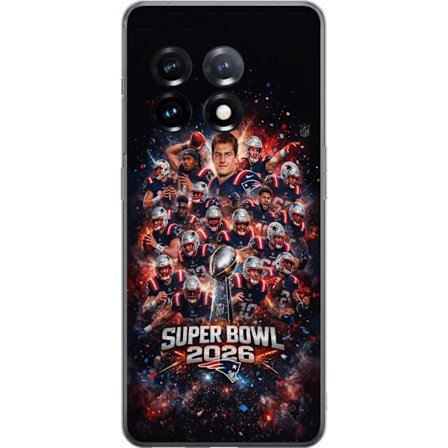 Yhteensopiva Puhelinkuori OnePlus 11R Super Bowl 2026 juliste, jossa New England Patriots ja NFL-mestaruuspalkinto räjähtävän urheilullisessa suunnitt
