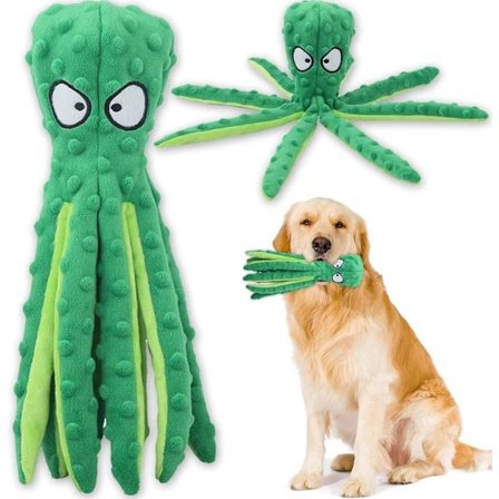 Interaktivt hundelegetøj med pivelyd, fyldt med knitrende papir, tyggelegetøj blæksprutte til mellemstore og store hunde Grøn