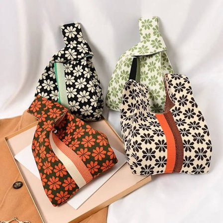Handmade Knit Handbag Women Mini flower Knot Wrist Bag Japanese Casual Color Tote Bag Student Reusable Shopping Bags
