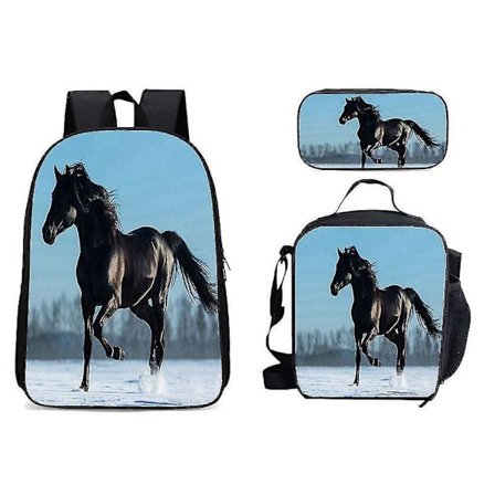3 Pcs/set Horse Print Backpack Anime Children School Bag With Usb Charging Port Oxford Satchel With Pencil Bag Lunch Bag