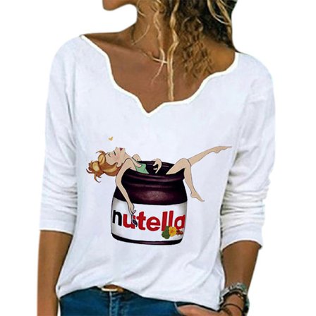 Kvinnor Casual Lös V- printed långärmad T-shirt Topp White Nutella,3XL