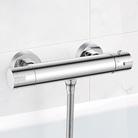 Väggmonterad termostatblandare för dusch med 38°C anti-skållnings säkerhetsspärr, termostatisk duschblandare 150mm centrumavstånd