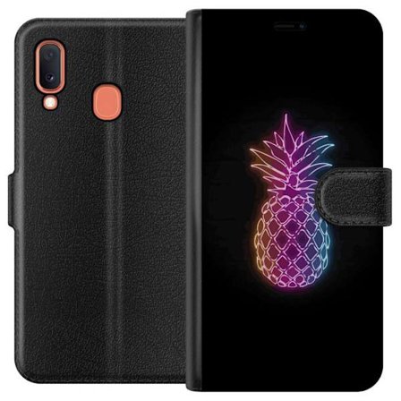Kompatibel Tegnebogsetui til Samsung Samsung Galaxy A20e Neon illustration af ananas i farverigt lys mod sort baggrund