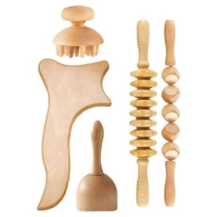 Stykker af værktøj til massage i træ, manuel og rulle til massage og Gua Sha-bræt og pose til dræning