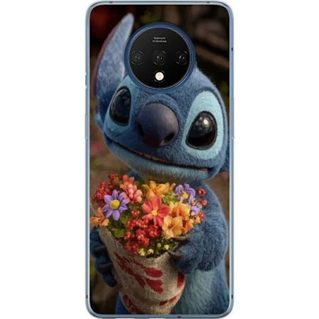 Kompatibel Mobilcover til OnePlus OnePlus 7T Sød blå figur med store øjne, der holder en farverig buket i en varm og kær stil