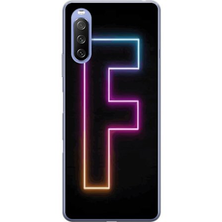 Kompatibel Mobilcover til Sony Sony Xperia 10 III Neonbogstav F i lyserød, blå og gul lyskanter mod en mørk baggrund, grafisk bogstavillustration m