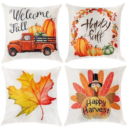 Høst Pynteputer 18X18, Høstdekorasjon for Hjem, Sett med 4 Dekorative Puter i Lønnetre, Happy Autumn Sofa Putetrekk