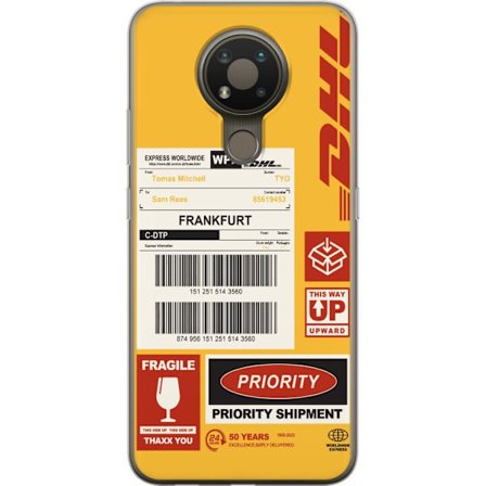 Kompatibel Mobilcover til Nokia 3.4 DHL Express fragtetiket design med stregkoder, Frankfurt tekst og logistiktema grafisk motiv perfekt til industri