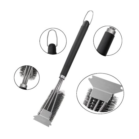 Grillbørste og skraber, sikkerhedsmæssig grillrensebørste med flettede tråde i rustfrit stål, 3-i-1 børste til rengøring af gas-, kul-, pille- og 