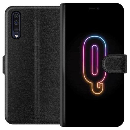 Kompatibel Tegnebogsetui til Samsung Samsung Galaxy A50 Minimalistisk neonbogstav Q i lyse farver mod mørk baggrund