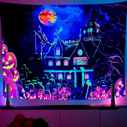 Svartlys slotstapet 150x130CM Græskar flagermus slot psykedelisk tapet Halloween UV-reaktiv slot vægtapet til soveværelse stue kollegieværelse