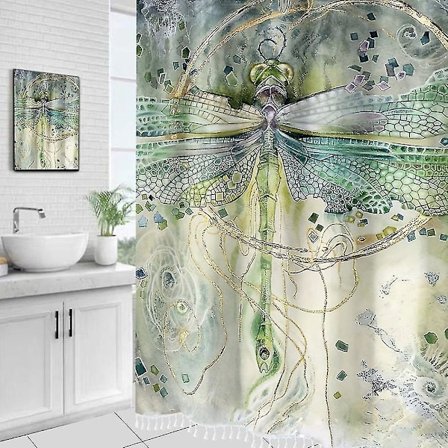 Badrumstryck i grönt trollsländemönster Duschdraperi utan stansning Hushållsdörr Gardin