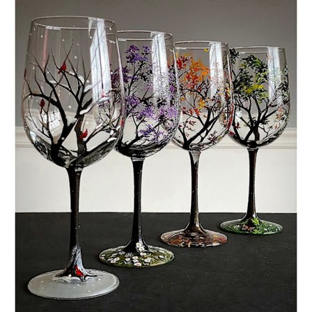 Fire årstider Træ Vinglas Sæt med fire - Håndmalet kunst - Unik bryllupsdag, fødselsdag, housewarming gave (gratis fragt)