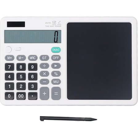 12-cifret bordregner med 7" sletbar skriveplade, stort display og jumbo-knapper, solcelle/batteri dobbelt strøm til kontor, virksomhed,