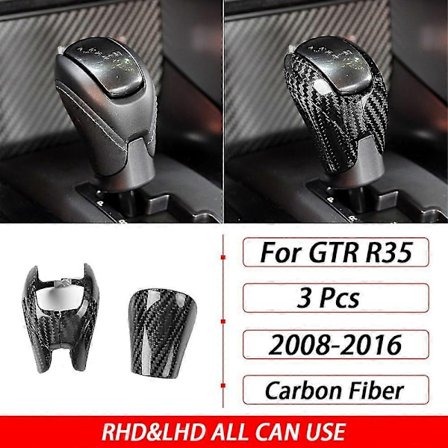 Otwoo Kompatibel med Nissan Gtr R35 2008-2016 Äkta Kolfiber Växelspakshandtag Huvud One-touch Startknapp Skydd Set Bilinteriör -WELLNGS