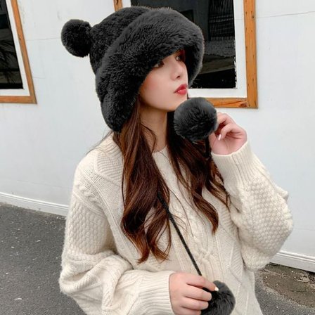 Faux Fur Beanies Hat Strikket Cap SVART