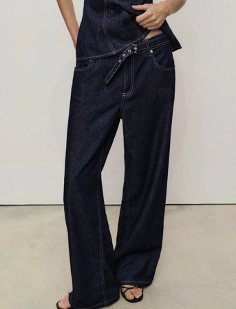 Mango Straight-Fit Belt Jeans - Navy - 40