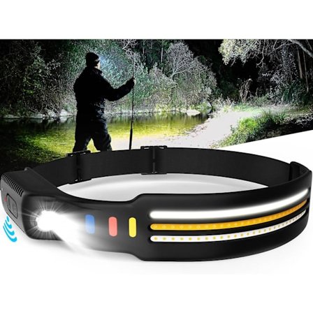 Hodelykt Oppladbar, 9000 Lumen Super Lys LED Hodelykt Lommelykt 260 Bred Stråle Hodelykt med Bevegelsessensor & 10 Lysmoduser, Kraftig Vanntett