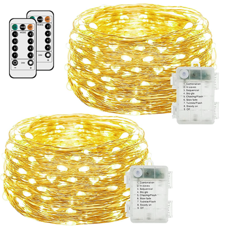 Fairy Lights, 2-pack batteridrivna 50 LED 5 meter med fjärrkontroll för julfest, trädgård, varmvitt