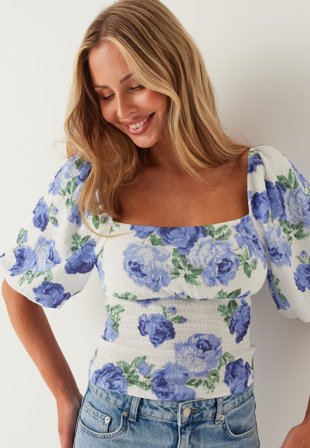BUBBLEROOM - Volume Sleeve Top - Blue/Floral