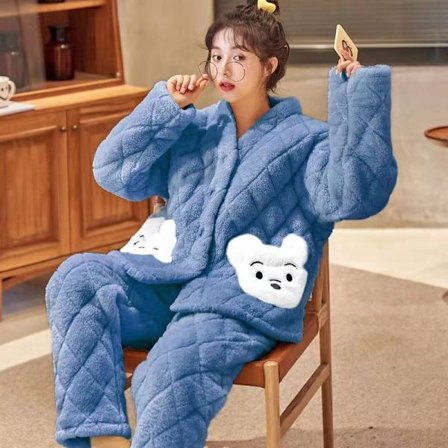 Blå Björn Blå Sammet Pyjamas Dam Långärmad Plus Sammet Tecknad Coral Fleece