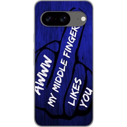 Kompatibelt Mobildeksel til Google Pixel 8 Mørk typografisk illustrasjon med hjerteform og budskap om vennskap mot dyp blå tretekstur