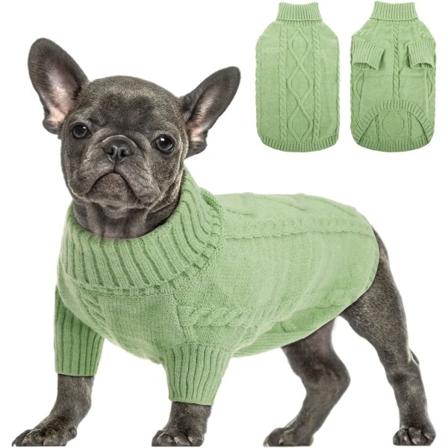 Lille hundetrøje, kold vejr kabelstrik, turtleneck tykt varmt tøj til chihuahua, bulldog, gravhund, mops, yorkie (grøn, medium)
