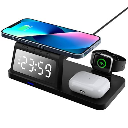 Trådløs opladerstation digitalt alarmur 4 i 1 til iPhone iWatch AirPoKG FT