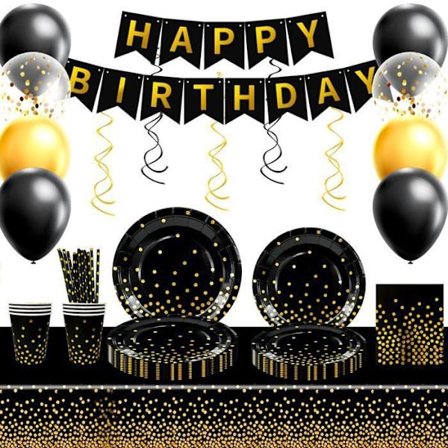 Svart och Guld Födelsedagsballonger, Svart och Guld Födelsedagsdekoration, Engångsservice Födelsedagsdekoration Set