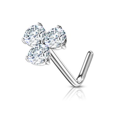 En L-formad näspiercing, tillverkad av 316L platinapläterat stål, infattad med tre vita cubic zirconia-stenar.