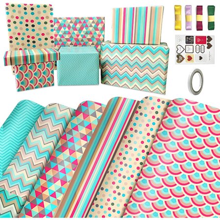 Presentinslagningspapper Set med Band och Etikett, Miljövänligt Presentpapper Ark, Födelsedagspresentpapper för Kvinnor, Flickor, Spädbarn, Män, 