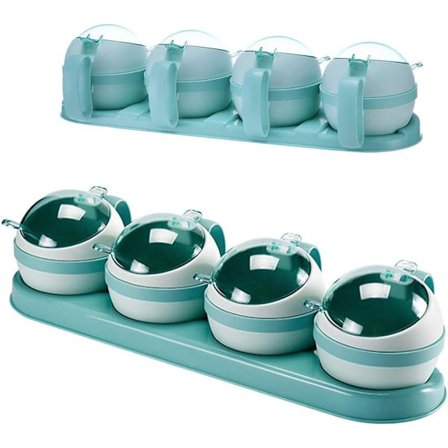 Sæt med 4 krydderiglas, krydderihylde, krydderiglas, opbevaringsbeholder, krydderiglas, krydderi med låg og ske, blå, tilbehør til hjemmekøkken