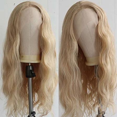 Lang naturlig krøllet limløs spidsforan paryk Gloden Blonde Syntheti