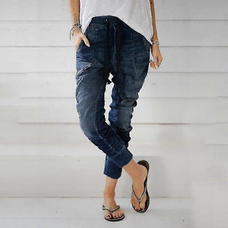 Dame Elastisk Talje Drop Crotch Jeans Harem Bukser Snøre Denim Lange Bukser