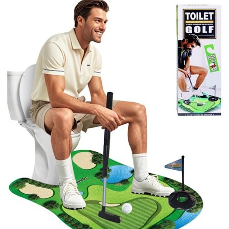 [LCS] Toiletgolfspil - Mini Golfsæt til Badeværelse med 2 Bolde & Putter, Sjov Gave til Mænd, Far & Mand (White Elephant-gave)