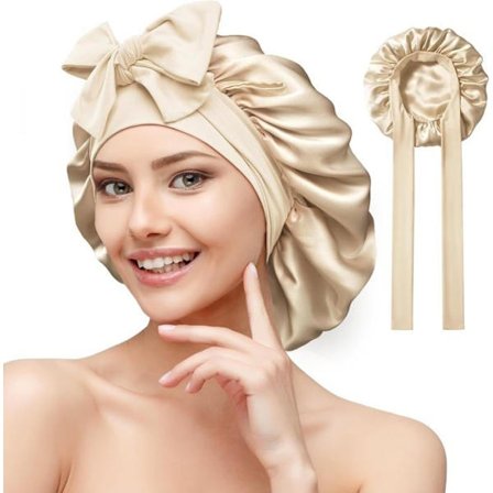 Silkehætte til søvn, dobbeltsidet - til langt hår - åndbar og blød med justerbar elastik - Bleg guld, Bleg guld