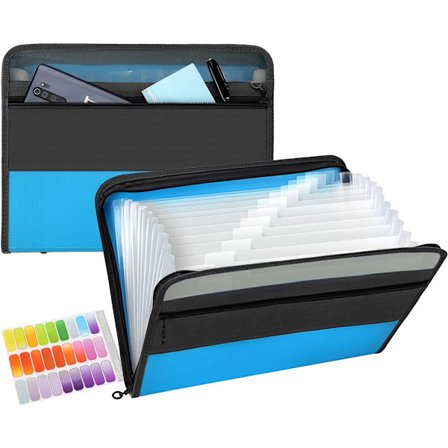 REA 13 Lommer Ekspanderende Glidelåsmappe, A4 Plastdokument med Praktisk Frontlomme for Personlig Kontoroppbevaring - Blå