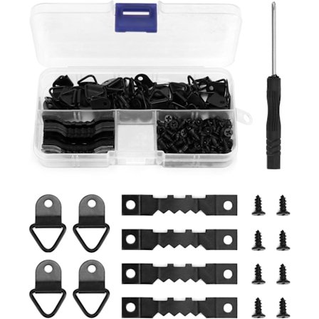251 st bildhängningskit, 50 x sågtandshängare och 50 x D-ring bildhängare med 150 skruvar och 1 x skruvmejsel (svart)