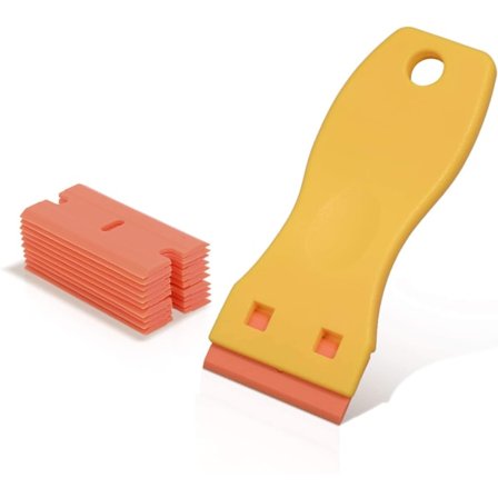 1 muovinen raaputin terä 1,5 tuuman muovinen raaputin työkalu 10 kaksiteräisellä muoviterällä tarrojen poistamiseen lasituulilaseista - keltainen