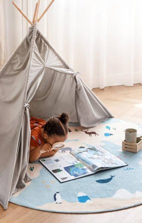 World Map Kids Rug Washable Ø 150 Small Light Blue/Beige Animal Round Cotton