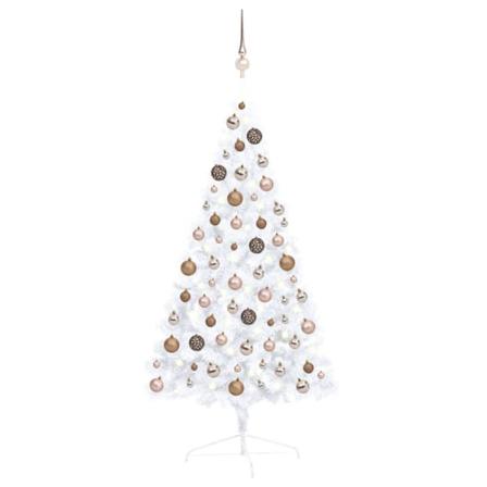 Halv Plastgran Med Led Och Julgranskulor Vit 120 Cm