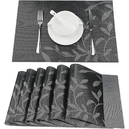Sæt med 6 vaskbare varmeisolerende skridsikre vævede vinyl-dækkeservietter til køkken og spisestue, sort blad