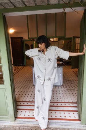 NA-KD Pantalon taille mi-haute à fleur - Pantalons en lin - Beige - EU 34