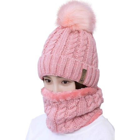 Dame Pom Lue Hals Sett Jenter Vinter Skilue Slouchy Strikket Lue Med Fleecefôr (Rosa)