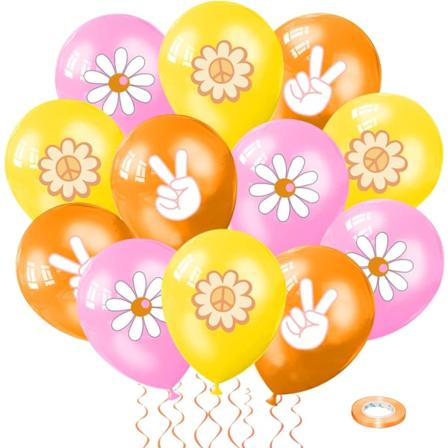 Kaksi groovy-margaritaa rauhanmerkki lateksipalloa tytöille, oranssi keltainen vaaleanpunainen hippikukka-aiheiset ilmapallot juhlakoristetarvikkeet