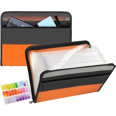 【PP】13-lommers ekspanderende mappe med lynlås, A4-plastdokument med praktisk forlomme til personlig kontoropbevaring - orange orange