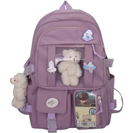 Kawaii skoletaske til piger, sød æstetisk skoletaske med nål og tilbehør, lilla